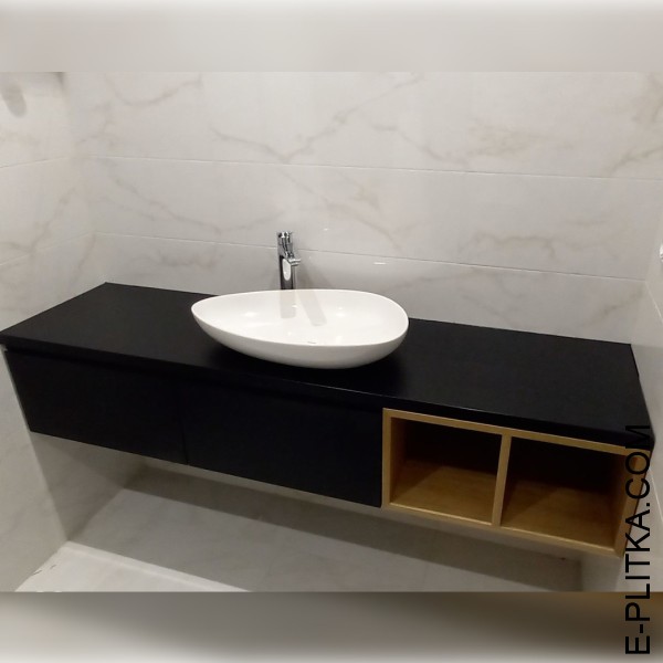 Виготовимо тумбу стільницю для ванної в Києві на замовлення нестандартних розмірів та за індивідуальним дизайн-проектом. Дизайнерська тумба зі стільницею чорного кольору зі шпонованою нішою у ванній кімнаті. ТЕЛЕФОНУЙТЕ ☎️ +38(073) 576 63 03 ✔️ Найкраща я