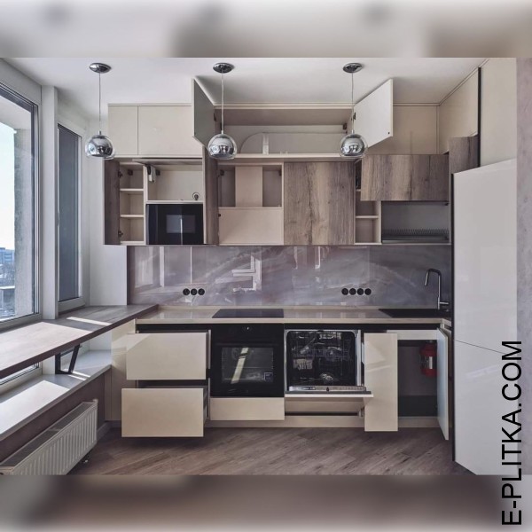 Акрилова кухня кремовий глянець із матовим деревом