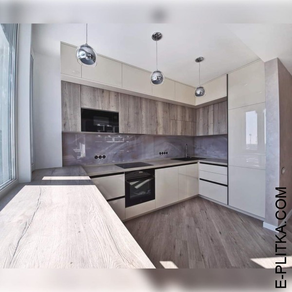 Акрилова кухня кремовий глянець із матовим деревом