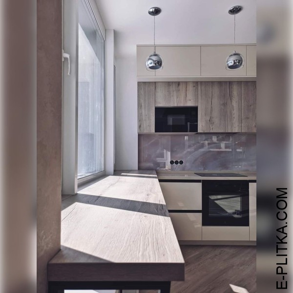 Акрилова кухня кремовий глянець із матовим деревом