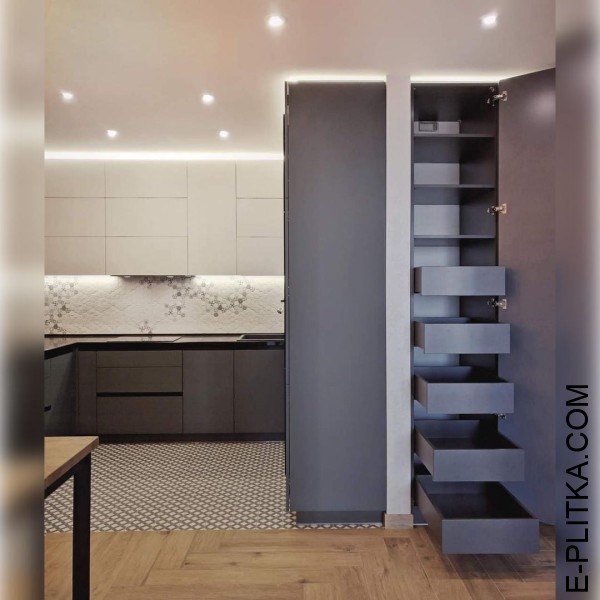 Серая с белым кухня AGT супермат со встроенными шкафами