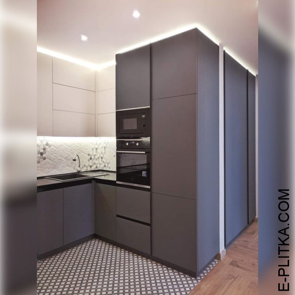 Серая с белым кухня AGT супермат со встроенными шкафами