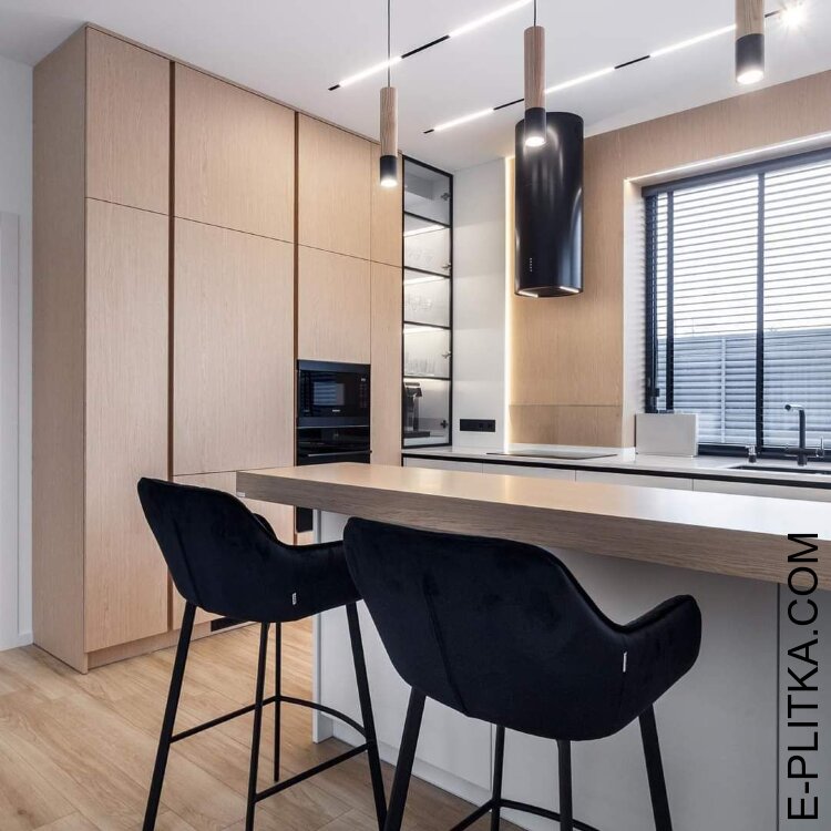 Кухня светлое дерево с белым без ручек с полуостровом | e-Plitka.com