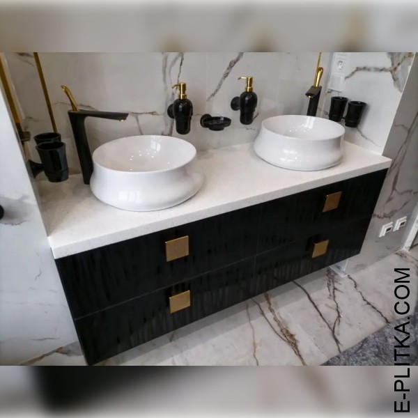Изготовим мебель для ванной 150см с двумя раковинами в Киеве под заказ нестандартных размеров и по индивидуальному дизайн-проекту. Черная подвесная тумба под белую столешницу из искусственного камня под две раковины. ЗВОНИТЕ ☎️ (063) 641 35 65 ✔️ Лучшее к