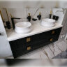 Изготовим мебель для ванной 150см с двумя раковинами в Киеве под заказ нестандартных размеров и по индивидуальному дизайн-проекту. Черная подвесная тумба под белую столешницу из искусственного камня под две раковины. ЗВОНИТЕ ☎️ (063) 641 35 65 ✔️ Лучшее к