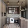 Кухня-студия с фасадами из серого ДСП и темного дерева
