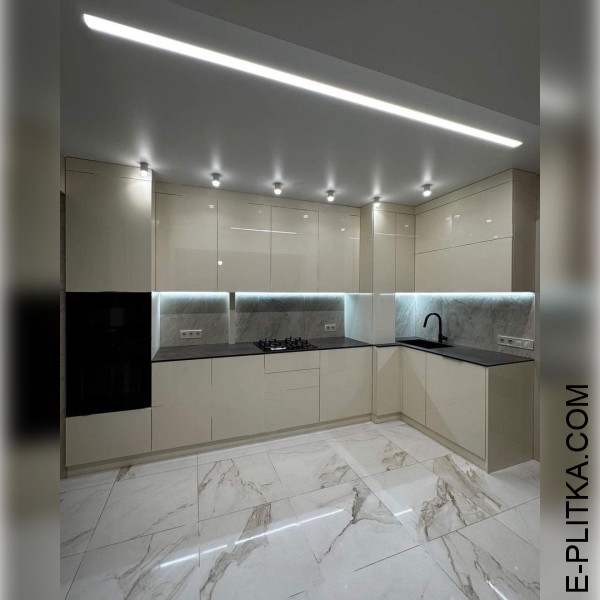 Глянцева кухня кремового кольору з темною стільницею HPL