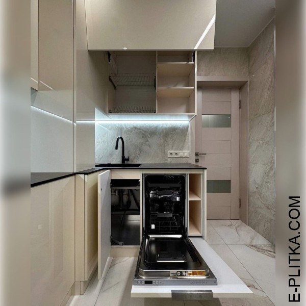 Глянцева кухня кремового кольору з темною стільницею HPL