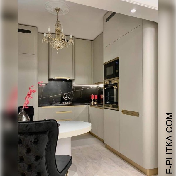 Кутова кухня в бежево-сірому кольорі із закругленими кутами