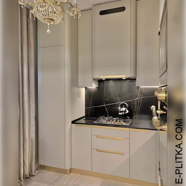 Кутова кухня в бежево-сірому кольорі із закругленими кутами