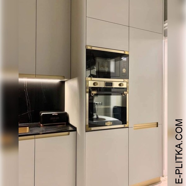 Кутова кухня в бежево-сірому кольорі із закругленими кутами