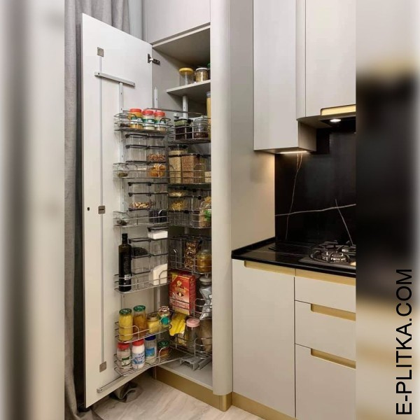 Кутова кухня в бежево-сірому кольорі із закругленими кутами