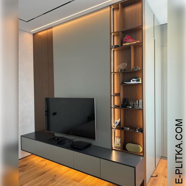 Изготавливаем мебель в гостиную в Киеве под заказ нестандартных размеров и по индивидуальному дизайн-проекту. Стильная меблировка гостиной: серая подвесная тумба под TV со шкафом пеналом и встроенным угловым шкафом. ЗВОНИТЕ ☎️ (063) 641 35 65 ✔️ Лучшее ка