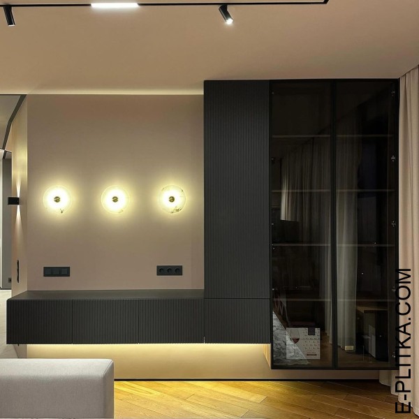 Изготавливаем мебель в гостиную в Киеве под заказ нестандартных размеров и по индивидуальному дизайн-проекту. Современная меблировка гостиной: графитовая консольная тумба под TV и шкаф-пенал с витринными фасадами. ЗВОНИТЕ ☎️ (063) 641 35 65 ✔️ Лучшее каче