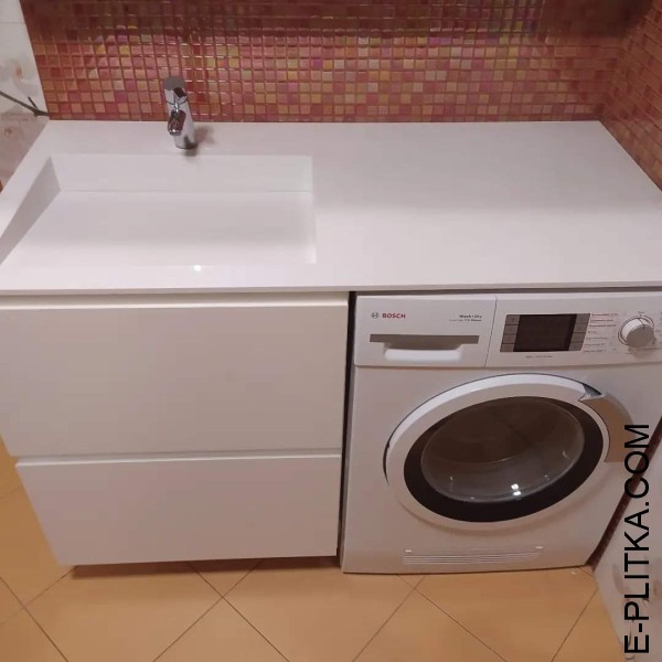 Изготовим тумбу с раковиной под стиральную машинку, по фото и цене в Киеве под заказ нестандартных размеров и по индивидуальному дизайн-проекту. Белая глянцевая тумба со стиральной машиной по столешницу раковиной.. ЗВОНИТЕ ☎️ +38(073) 576 63 03 ✔️ Лучшее