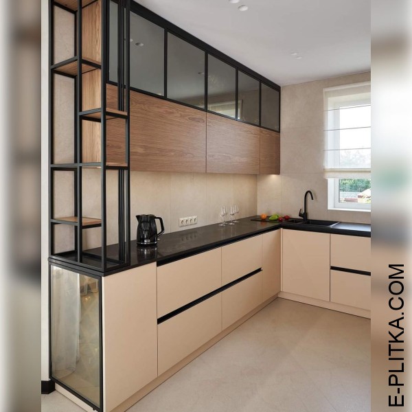 Кухня п-подібна кольору беж із чорним металом