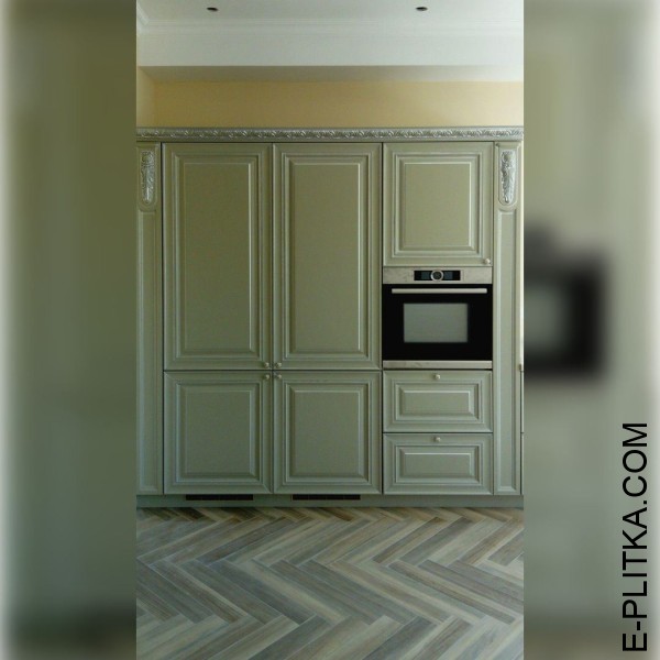Классическая кухня в оливковом цвете с акриловой столешницей и мойкой