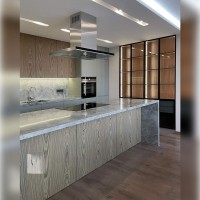 Кухня в стилі мінімалізм з островом та вітринними шафами