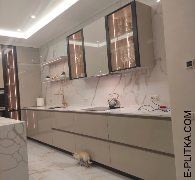 Кухня со стеклянными витринами и островом