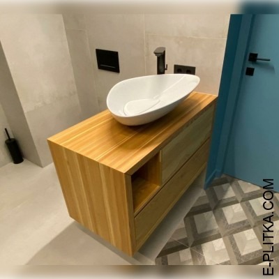 Подвесная мебель из дерева под раковину-чашу