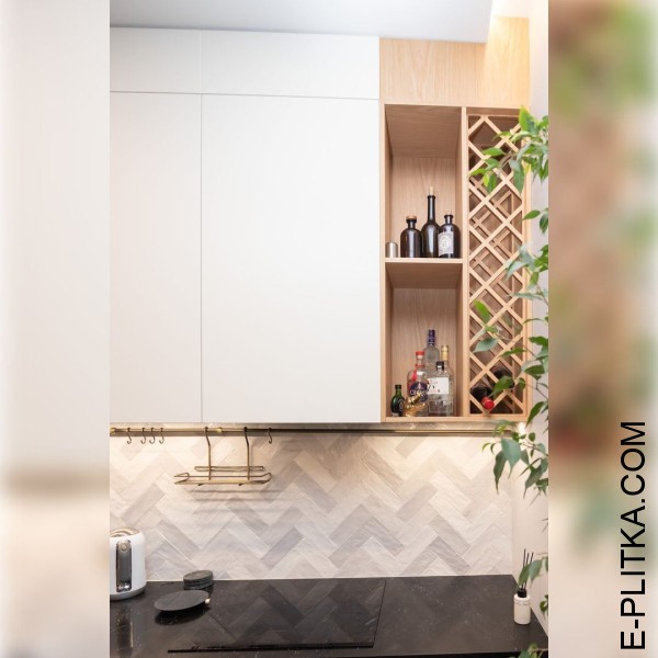 Сіро-біла кухня в еклектичному стилі з оригінальними ручками